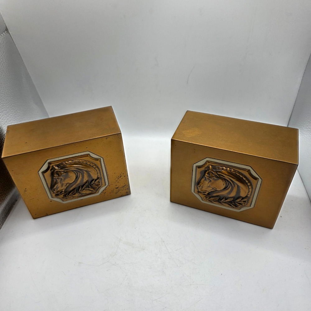 Vintage Heavy Horse Head Bookends Pair Gold Brass Tone Equestrian Library Decor